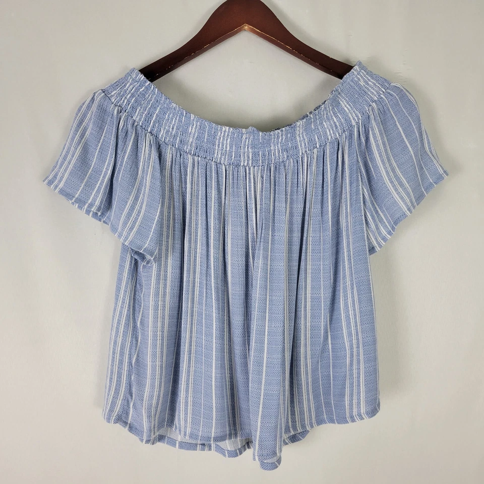 Camisa Jolt Mujer Pequeña Azul Plisada Top Rayas Cuello Barco Calado Manga Corta Foto 2 de 4