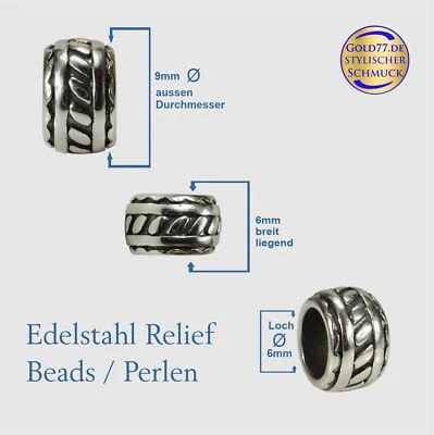 Beads Perlen Edelstahl Silber Rund | Gross-Loch 5-6mm | Bartperle | 1/2/5 Stück - Bild 1 von 4