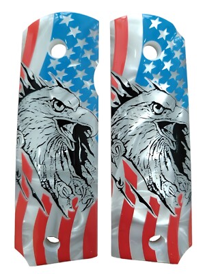 1911 Grips Full Size,White Pearl with Colorful USA Eagle,fits Colt,Kimber,etc