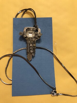 Key Pendant With Rhinestones On Herringbone Chain Steampunk