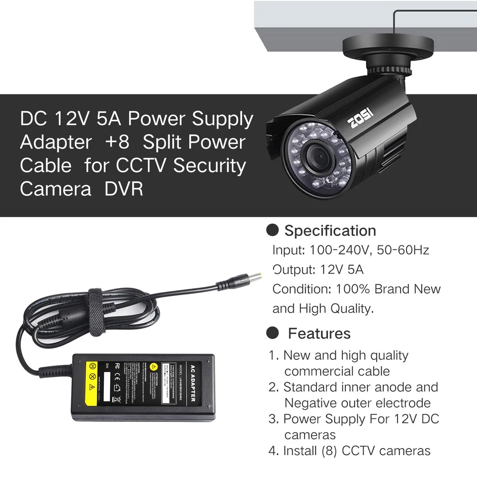 12V 5A AC Charger Adapter + 8 Splitter Power Cord for CCTV Security Camera DVR  - Image 4 of 4