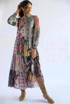 Geisha Designs Patchwork Silk Dress Anthropologie Tiered Floral Beaded Sz S  NEW | eBay