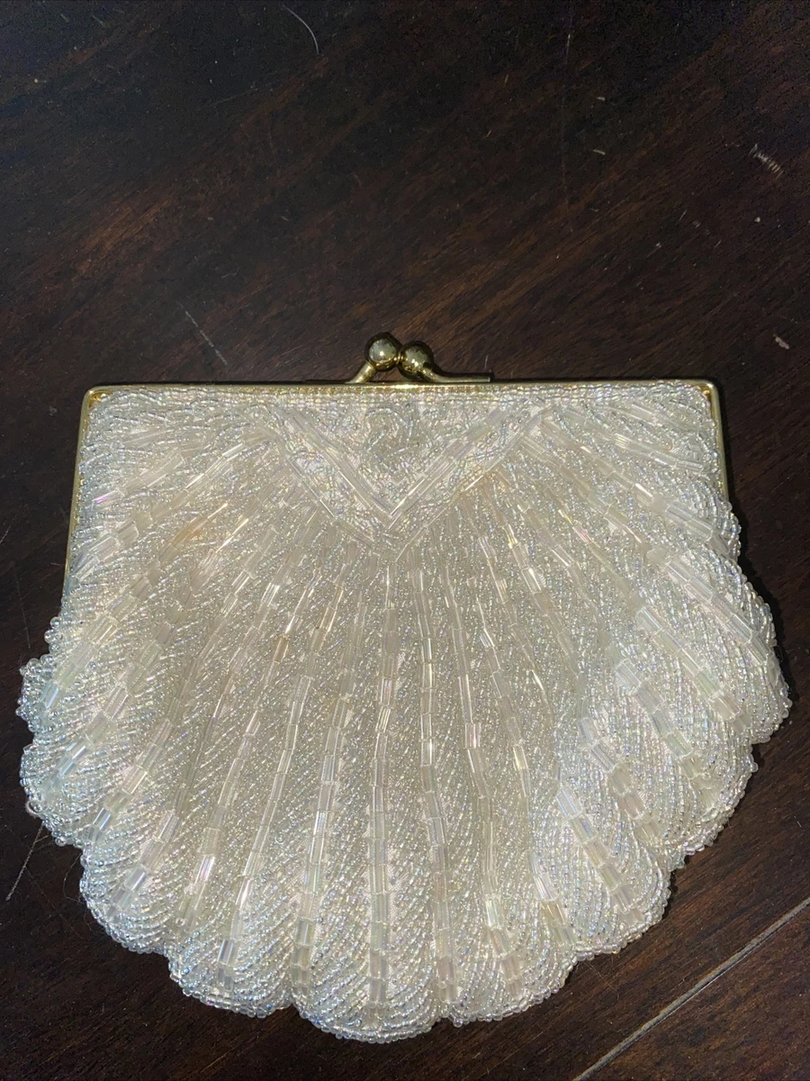 Vintage La Regale Silver Scallop Beaded Clamshell Clutch 