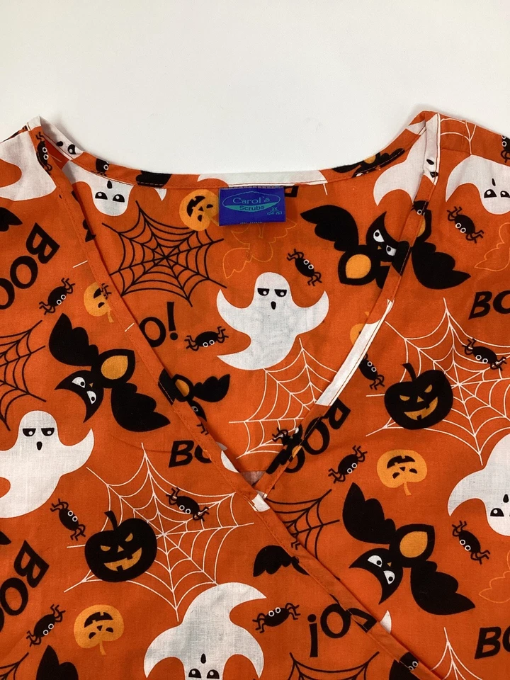 Ladies Halloween Scrub Top 3XL Orange Black Pumpkin Ghost Spider Bat NWT - Image 3 of 4