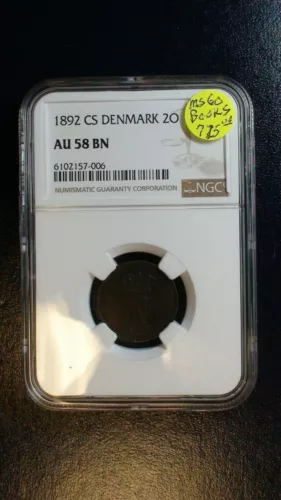 1892 CS DENMARK TWO ORE NGC AU58 BN BETTER DATE 2O Coin BUY IT NOW!