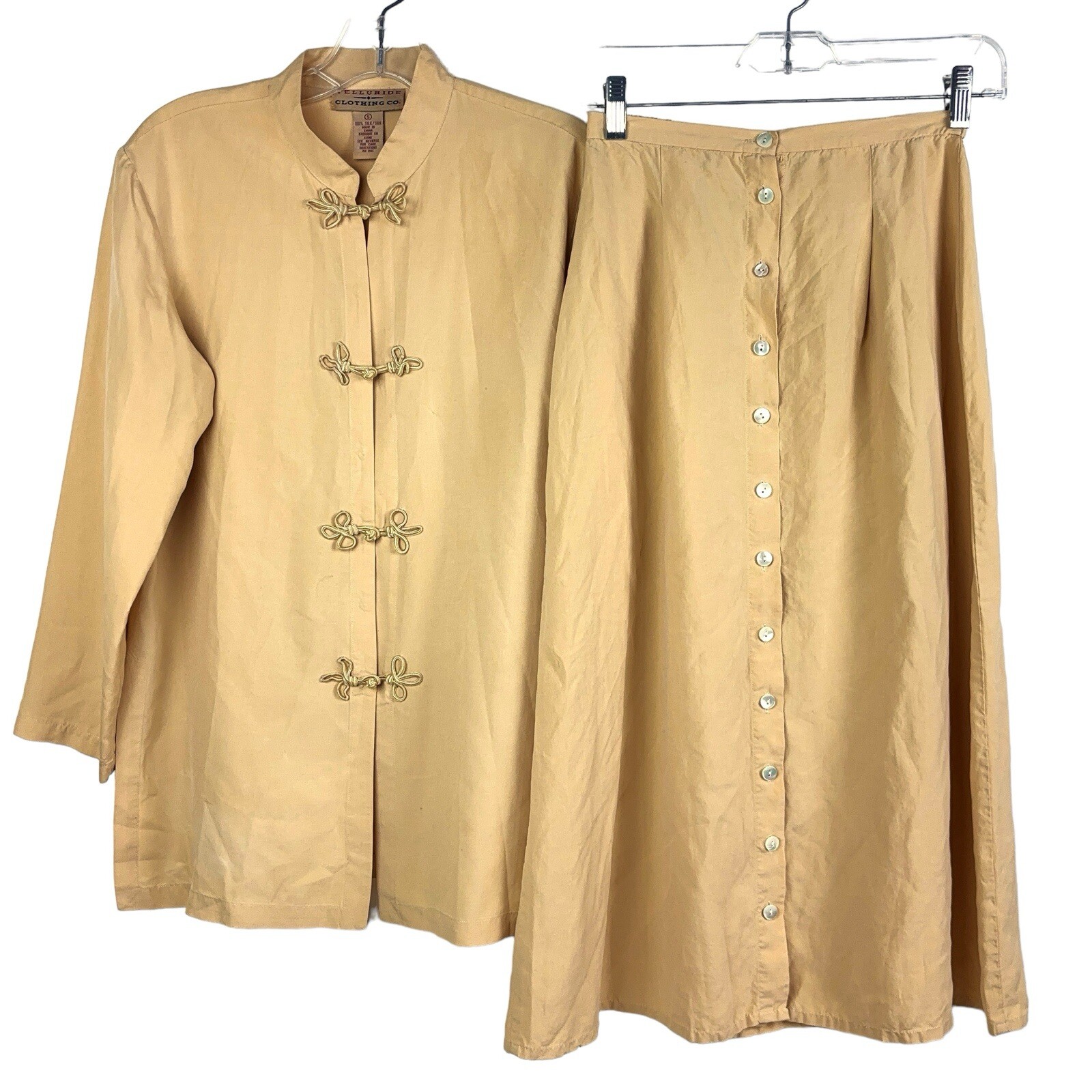 Telluride Clothing Co Women Asian Silk Blouse Skirt Set Beige Button Size Small