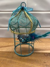 Blue Bird In Cage Christmas Ornament Gold Glitter Wire Mesh Beaded Sequin