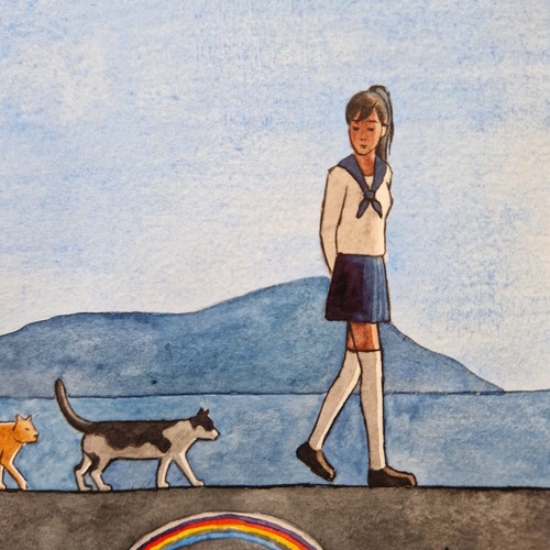 Quadro paesaggio marino arte originale dipinto gatto pittura acquerello - Foto 5 di 8
