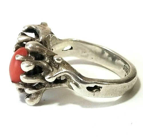 Brutalist Sterling Silver Red Coral Ring 925 Modernist Signed MT Size 6 Vintage - Picture 4 of 11