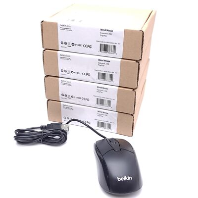 Lot of 4 Belkin F5M010qBLK Wired Optical Mouse, USB-A, 3-Button, 1.5m Cable