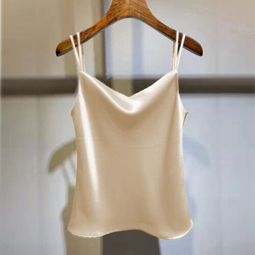 Women Lady Silky Solid Tank Top Strappy Satin Vest Casual Shirt Sleeveless New - Picture 12 of 21