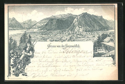 Lithographie Heimwehfluh, Ortsansicht aus der Vogelschau 1896 - Bild 1 von 2