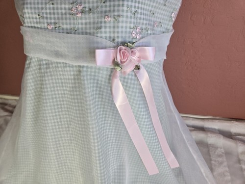 Vintage Girls Bonnie Jean Dress Sheer Overlay Over Green White Gingham Size 14 - Picture 3 of 15