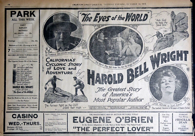 1919 Newspaper Page - Large Eyes of The World Movie Ad - Harold 