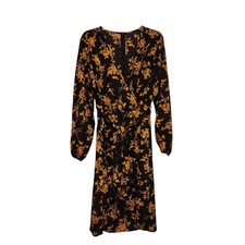 SHEIN CURVE Black And Orange Floral Long Sleeve Wrap DRESS Sz 1XL With Belt