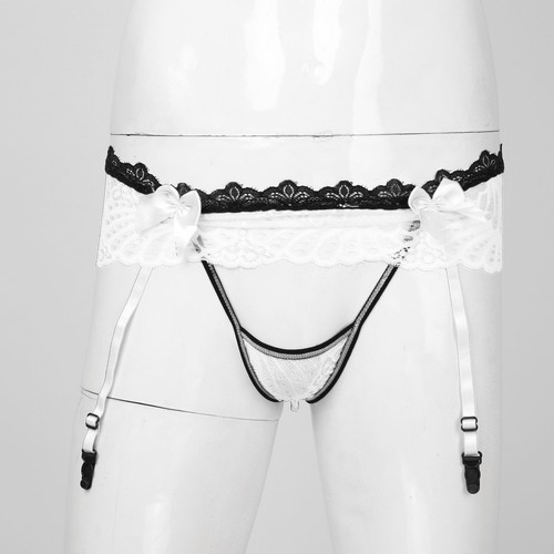 Agoky Sissy Herren Dessous G-string Transparente Spitzen Slip mit Strumpfband - Bild 37 von 37