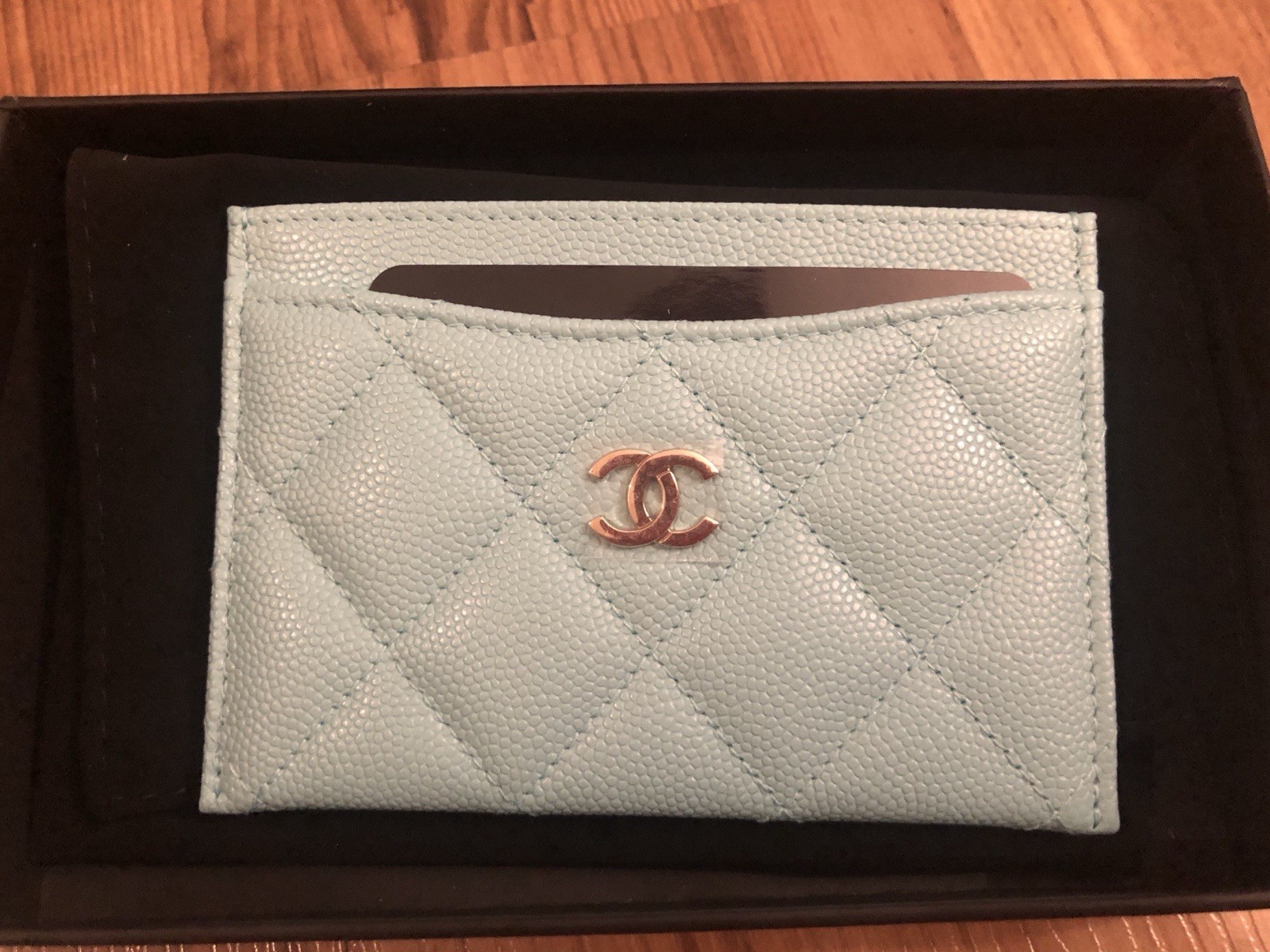 CHANEL 19C Tiffany Blue Caviar Classic Card Holder – Brand New