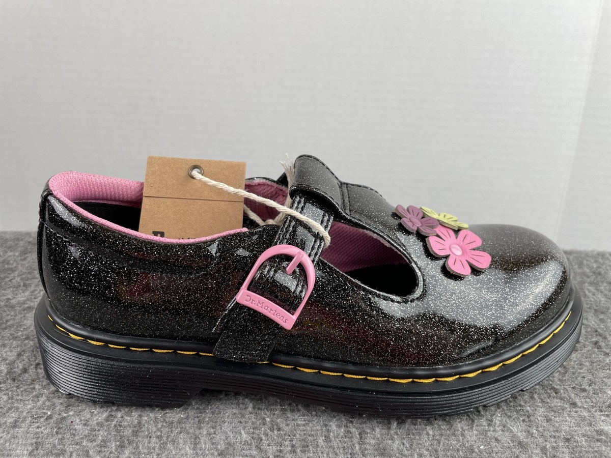 Dr. Martens Polley Mary Janes Black Sparkle Pink Flowers