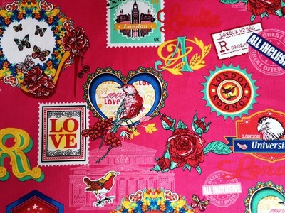 3M Hot Pink LOVE LONDON Stoff Baumwolle Patchwork Basteln Reststück