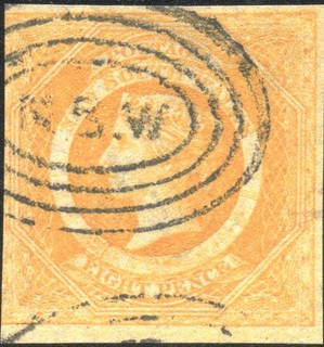NEW SOUTH WALES QV 1854 55USED 8P YELLOW IMPRF SC#A12/30a/WMK 2 LINED 8/CV $1800