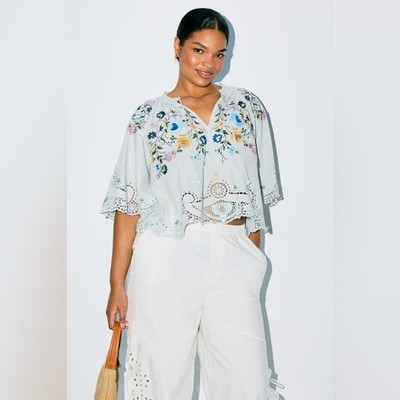 Sea New York | Celia Embroidered Top | in Sky | Linen Blend | Women's Size XL