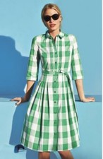 Boden Pintuck Bodice Fit Flare Shirt Dress EUC US 6 Green White Gingham Classic 