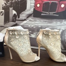 Badgley Mischka Beige Embellished Open Toe High Heel Bridal Shoes