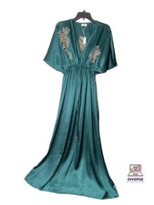 Mira Teal Satin Floral Embroidered Kaftan Dress S/M