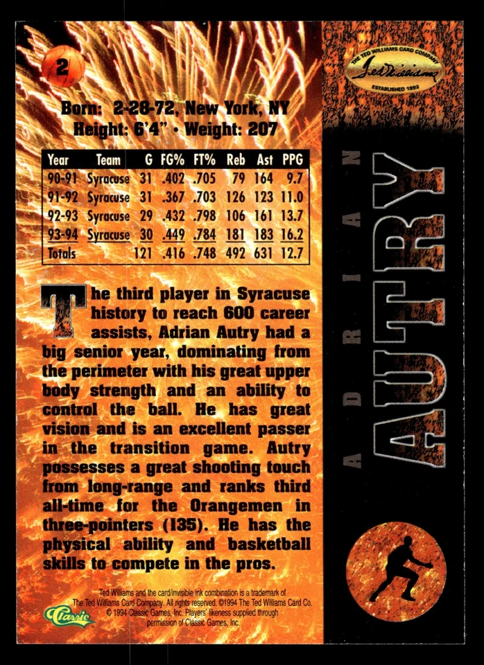 Adrian Autry 1994 Ted Williams #2 Syracuse Orangemen - Image 2 of 2