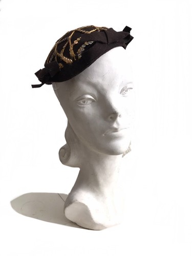 Vintage 40er Jahre braun Schleife Filz Gold Pailletten Cloche Hut / 40s Glitzer Totenkopf Cap - Bild 4 von 7
