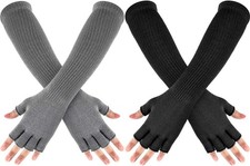 2 Pairs Winter Fingerless Gloves Long Thermal Knitted Mittens Stretchy Arm Warme