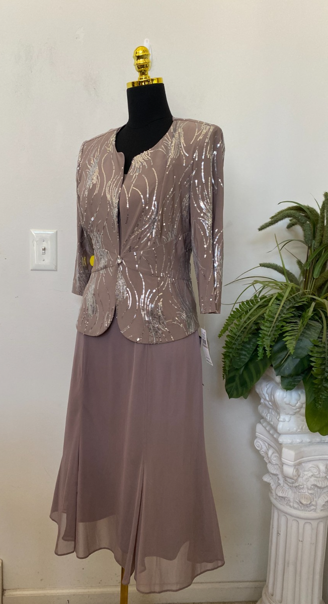 Alex Evenings Petite Sequined Midi Dress and Jacket - Pewter - Size 6P