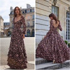 V Chapman Carmella Dress In Chocolate Peony Floral Maxi Gown Corset Size 4