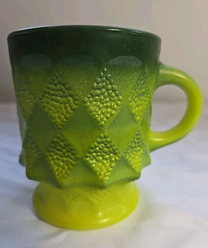 Vintage Fire King Anchor Hocking Green/Yellow Kimberly Diamond Coffee Mug Cup
