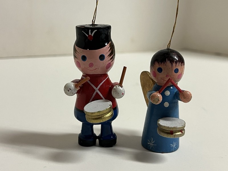 Miniature Hand Crafted Wood Christmas Ornaments, “Drummer boy & Girl”.
