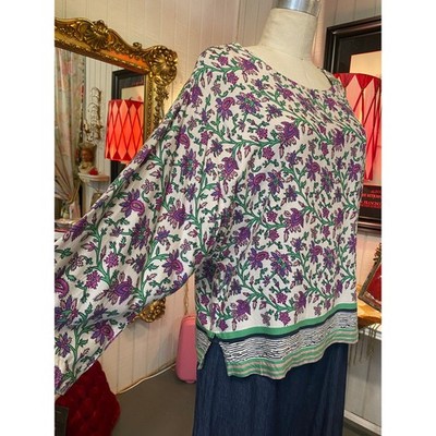 vintage 1980s rayon floral blouse adini indian print 80s tunic purple green med