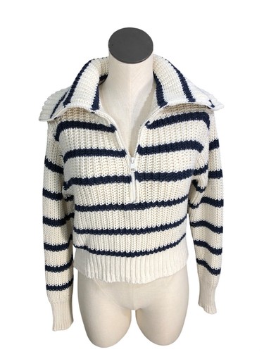 American Eagle Sweater Cropped Half Zip Navy Stripes Nautical Cowl Neck Preppy - Picture 2 of 13