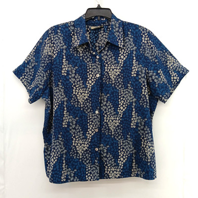 Notations Shirt Women Size 18W Blue Abstract Collared Short Sleeve Button Up Top