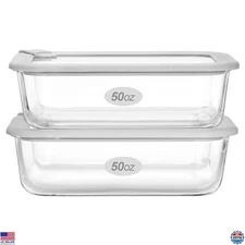 Premium Glass Food Storage Containers - 2 Pack 50oz Airtight, Microwave Safe