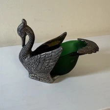 Vintage Swan Ashtray Pewter With Green Frosted Glass