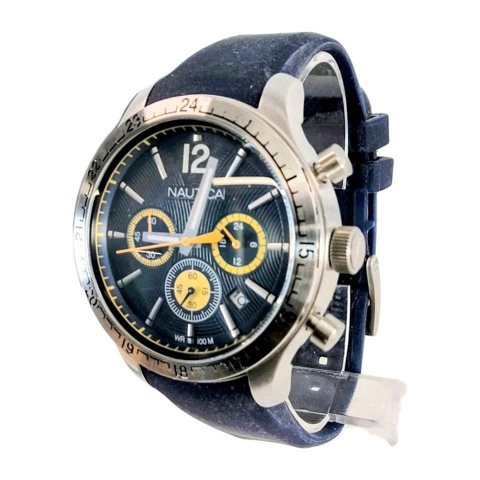 Reloj cronógrafo Nautica 44 mm para hombre. Correa azul oscuro con detalles amarillos y esfera azul NOS Foto 4 de 4