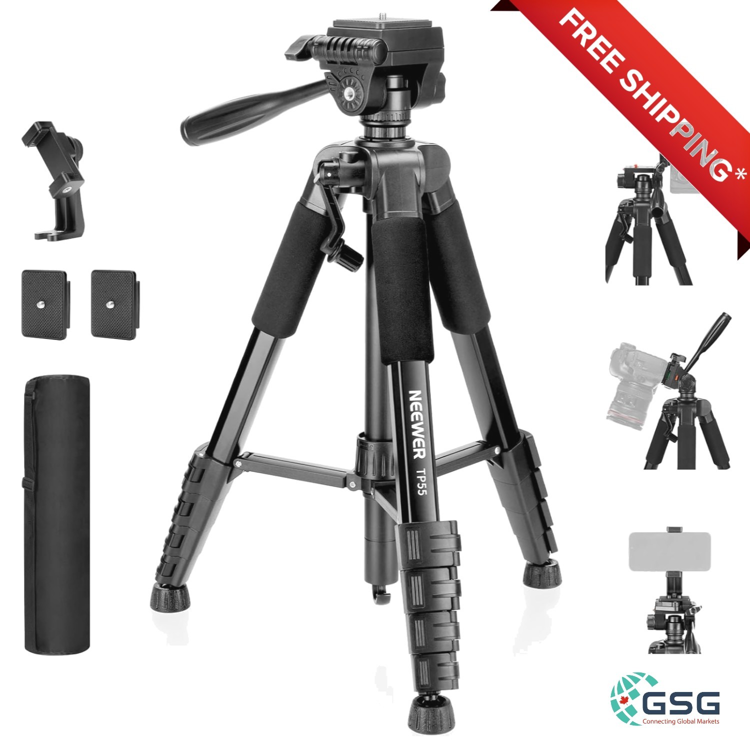 BASICS 71'' Aluminum Tripod with Cell Phone Holder for Video