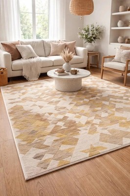 Hand Tufted Wool Rug Modern Geometric Area Rug Soft Cream Beige Gold Rug,8x10