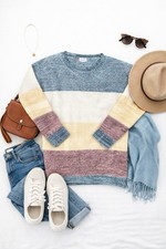 LuLaRoe Mariah Sweater Top - Blue, Cream, Yellow, Burgundy, Blue - X-Large