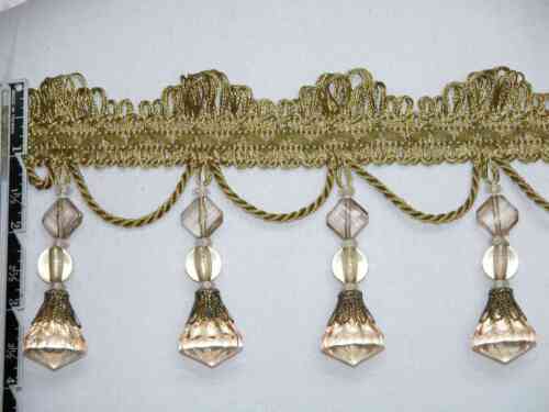 5 Yards - 4" Exquisite Tassel Fringe Crystal Bead Trim Olive Green Gold - Picture 2 of 2