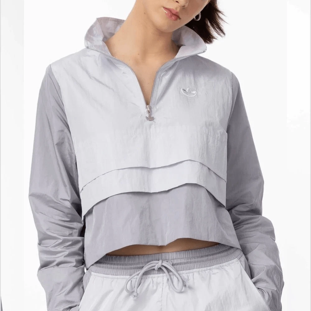 Adidas Women’s XS Cropped Track Jacket Tiered Silver Half Zip