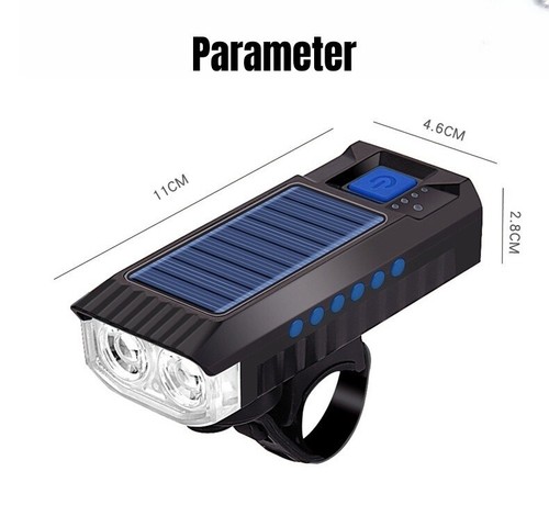 Solar Powered Bicycle Front Headlight, USB Rechargeable Waterproof 4 Light Modes - Picture 11 of 12