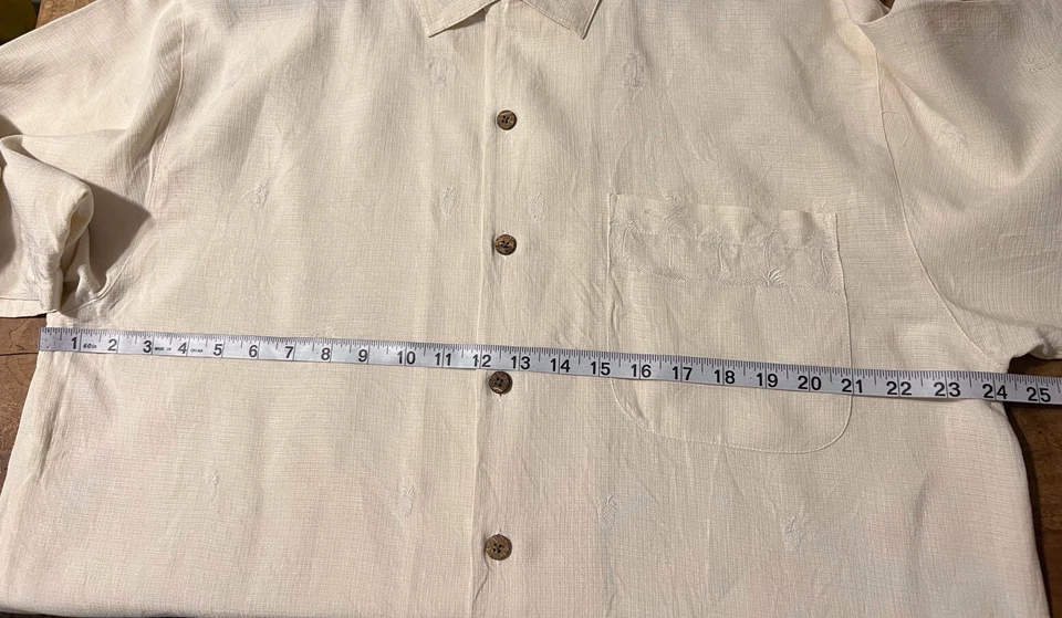 Camisa Tommy Bahama Para Hombre Grande 100% Seda Abotonada Manga Corta Estampado Palma Marfil Foto 4 de 4