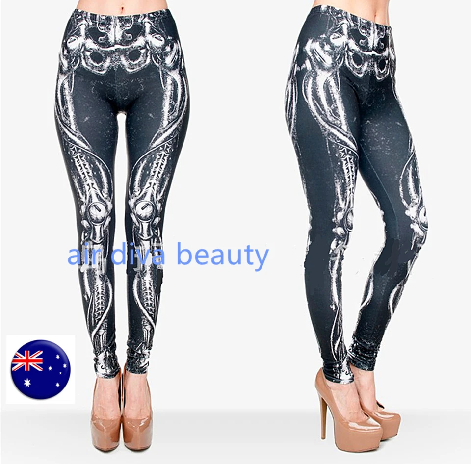 Women Halloween Party Skull Skeleton Bones Costume Gothic Skinny Leggings Pants