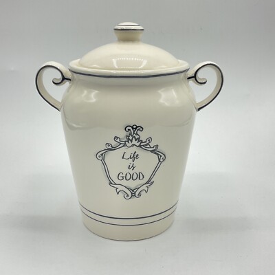 Katie Mandy Canister  LIFE IS GOOD''  White Black Scroll Container Anthropologie